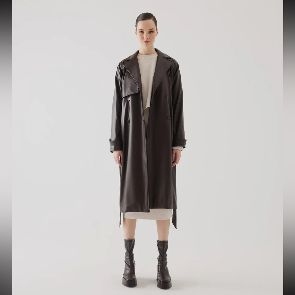 63 Fabulous Brown Detailed Vegan Leather Trench Coat
